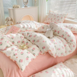 Charming Tulip & Mini Bear Cartoon Lightweight Quilt With Tassel Lace Trim - Set of Bedsheets, Duvet Cover & Pillow case - Image 9