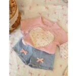Girls Korean Style Pink Denim Shorts Set - Image 5