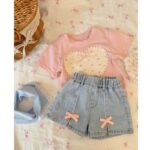 Girls Korean Style Pink Denim Shorts Set - Image 2