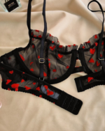 Heart Flocked Sheer Lace Deep V Push-Up Lingerie Set for Women - Image 7