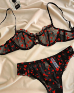 Heart Flocked Sheer Lace Deep V Push-Up Lingerie Set for Women - Image 6