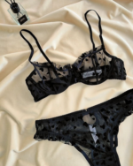 Heart Flocked Sheer Lace Deep V Push-Up Lingerie Set for Women - Image 8