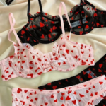 Heart Flocked Sheer Lace Deep V Push-Up Lingerie Set for Women