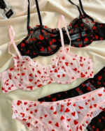 Heart Flocked Sheer Lace Deep V Push-Up Lingerie Set for Women