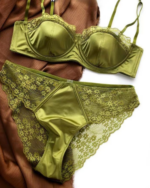 European Satin Half Cup Push-Up Bra Set – Green Lace Trim Underwire Lingerie - Image 7