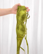 European Satin Half Cup Push-Up Bra Set – Green Lace Trim Underwire Lingerie - Image 6