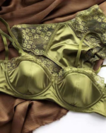 European Satin Half Cup Push-Up Bra Set – Green Lace Trim Underwire Lingerie - Image 2