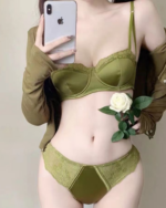 European Satin Half Cup Push-Up Bra Set – Green Lace Trim Underwire Lingerie - Image 4