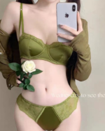 European Satin Half Cup Push-Up Bra Set – Green Lace Trim Underwire Lingerie - Image 3