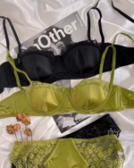 European Satin Half Cup Push-Up Bra Set – Green Lace Trim Underwire Lingerie