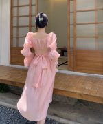 French style beautiful back puff sleeve square neck design strap A-line long dress - Image 2
