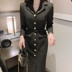 Chic Fusion: Korean-French Suit Collar Tweed Dress with Metal Detail – Slimming Elegance in a Long Skirt! - Image 4