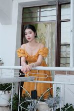 French V-neck  puff sleeve mustard off-shoulder long Dress - Image 2