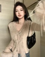 V-Neck Tie-Front Cropped Knit Cardigan - Image 11