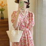 Korean chic summer French sweet V-neck lace-up waist puff sleeve floral maxi dress - Image 2