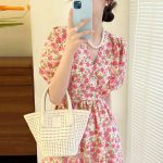 Korean chic summer French sweet V-neck lace-up waist puff sleeve floral maxi dress - Image 3