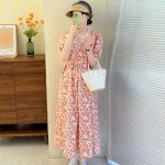 Korean chic summer French sweet V-neck lace-up waist puff sleeve floral maxi dress - Image 4
