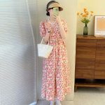 Korean chic summer French sweet V-neck lace-up waist puff sleeve floral maxi dress - Image 5