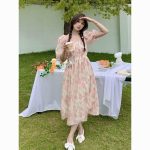 Summer new style French all-match slim mid-length super fairy gentle floral pink Dress - Image 2