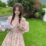 Summer new style French all-match slim mid-length super fairy gentle floral pink Dress - Image 4