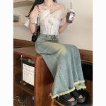 French white ruffled off-shoulder shirt for women summer waist slimming short off-shoulder top ins trend - Image 2