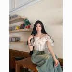 French white ruffled off-shoulder shirt for women summer waist slimming short off-shoulder top ins trend - Image 3