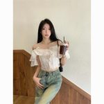 French white ruffled off-shoulder shirt for women summer waist slimming short off-shoulder top ins trend - Image 4
