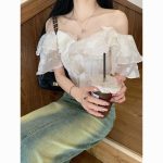 French white ruffled off-shoulder shirt for women summer waist slimming short off-shoulder top ins trend - Image 5