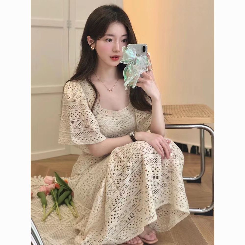 13355238901712562 Summer retro square collar high-end French high-waisted lace maxi dress - Image 1
