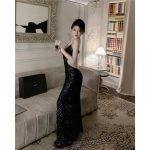 Black sequin spaghetti strap dress backless party high-end long dress - Image 2