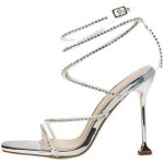 Silver Rhinestone Open Toe Snake Wrap Strap One-Buckle Stiletto High Heels - Image 4