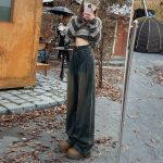 Soft Cement Gray Straight Jeans New Retro Hong Kong Style Slim Loose Draping Wide Leg Denim Pants - Image 2