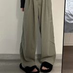 Gray green retro pleated casual suit pants loose design high waist straight wide leg trousers - Image 3