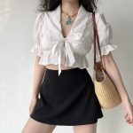 French palace style puff sleeves embroidered lace straps sexy versatile white crop  top - Image 2