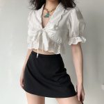 French palace style puff sleeves embroidered lace straps sexy versatile white crop  top - Image 3