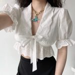 French palace style puff sleeves embroidered lace straps sexy versatile white crop  top - Image 4