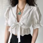 French palace style puff sleeves embroidered lace straps sexy versatile white crop  top - Image 5