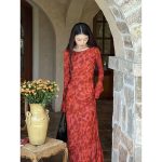 Moroccan rose printed long-sleeved slim fit holiday long dress - Image 2