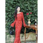 Moroccan rose printed long-sleeved slim fit holiday long dress - Image 4