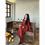 Moroccan rose printed long-sleeved slim fit holiday long dress - Image 5