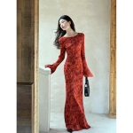 Moroccan rose printed long-sleeved slim fit holiday long dress - Image 6