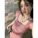 French pink slim-fit pleated printed U-neck dress with elegant waist a long dress - Image 2