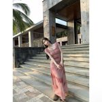 French pink slim-fit pleated printed U-neck dress with elegant waist a long dress - Image 4