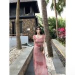 French pink slim-fit pleated printed U-neck dress with elegant waist a long dress - Image 5