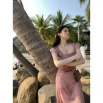 French pink slim-fit pleated printed U-neck dress with elegant waist a long dress - Image 6