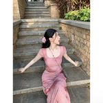 French pink slim-fit pleated printed U-neck dress with elegant waist a long dress - Image 7