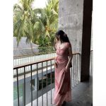 French pink slim-fit pleated printed U-neck dress with elegant waist a long dress - Image 8