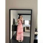 French pink slim-fit pleated printed U-neck dress with elegant waist a long dress - Image 9