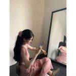 French pink slim-fit pleated printed U-neck dress with elegant waist a long dress - Image 10