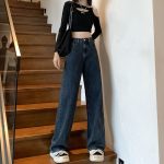 Blue and gray high-waisted wide-leg jeans loose straight floor-length Jeans - Image 5